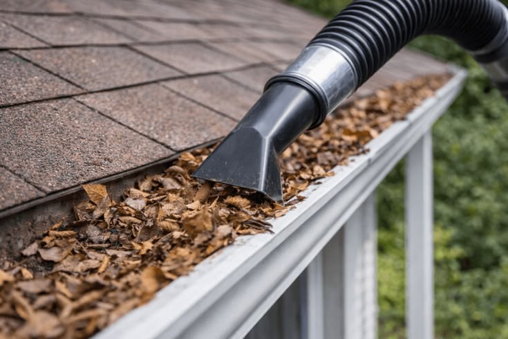 Vacuum removing leaves from a residential gutter